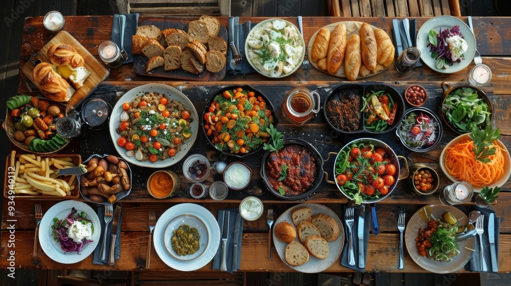 Fototapeta premium A feast featuring diverse dishes including salads, breads, and desserts arranged on a rustic wooden table