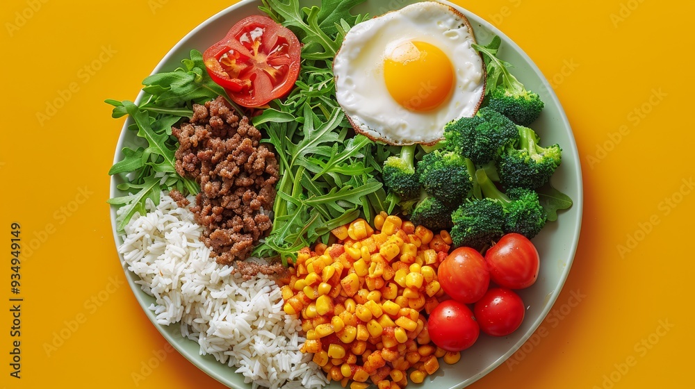 Colorful vegetable and protein platter with rice served on a yellow background Colorful vegetable and protein platter with rice served on a yellow background
