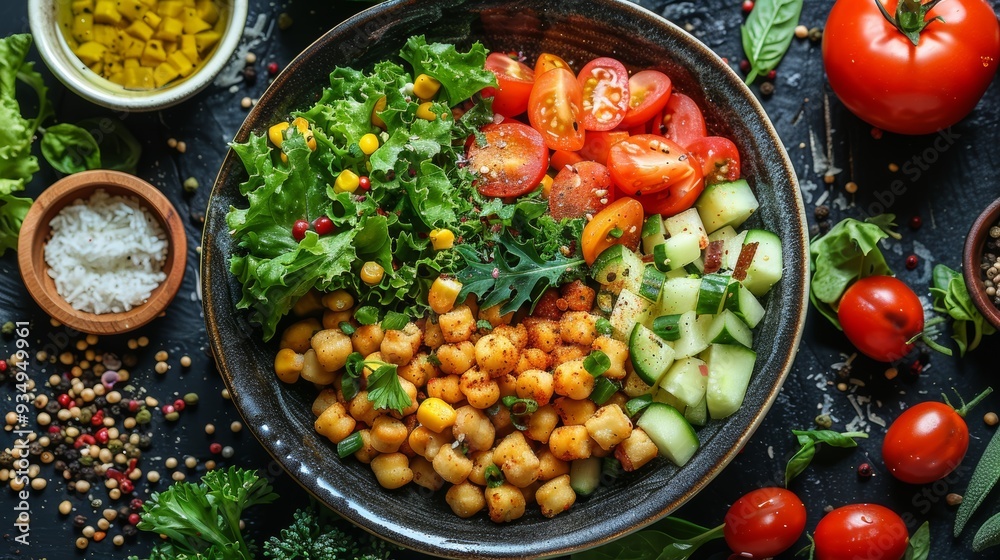 A vibrant bowl of fresh salad with chickpeas, tomatoes, cucumbers, and greens on a rustic table A vibrant bowl of fresh salad with chickpeas, tomatoes, cucumbers, and greens on a rustic table
