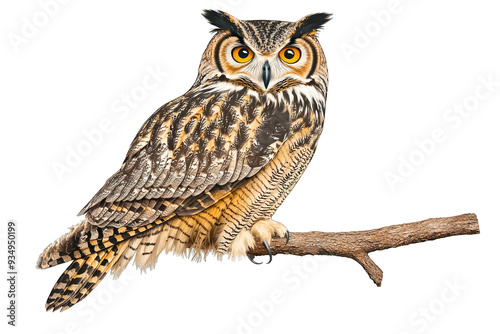 A majestic owl perched on a branch, showcasing its striking feathers and captivating gaze, symbolizing wisdom and mystery.