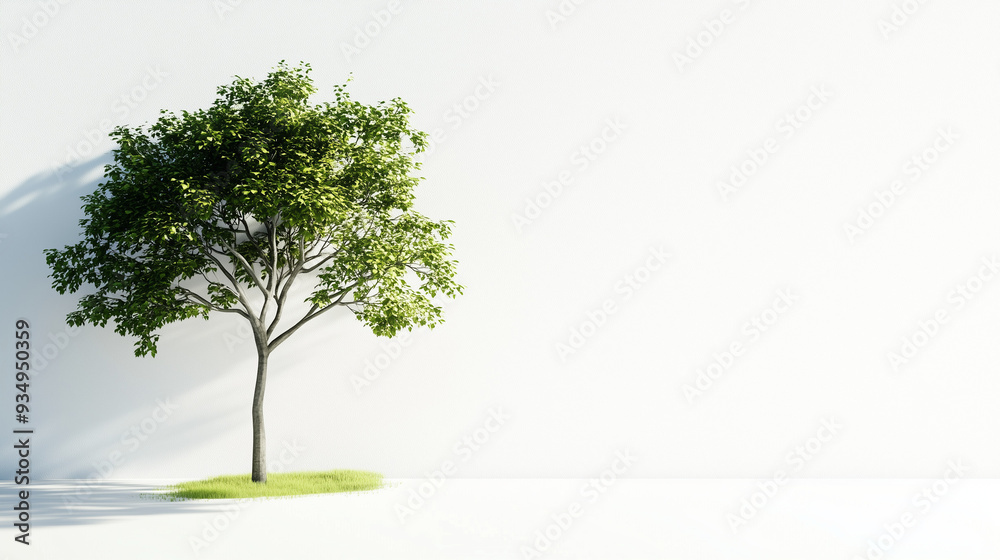 Obraz premium A single vibrant tree with lush green leaves thrives against a simple white background, providing a tranquil setting perfect for creative projects or presentations, copy space, environment concept