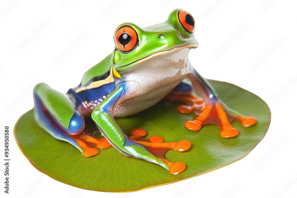 Fototapeta premium A vibrant red-eyed tree frog perched on a green leaf, showcasing its striking colors and unique features in a natural habitat.