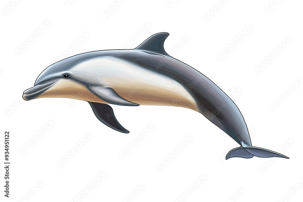 Obraz premium A beautiful dolphin swimming gracefully in the ocean, showcasing its sleek body and playful nature in a stunning illustration.
