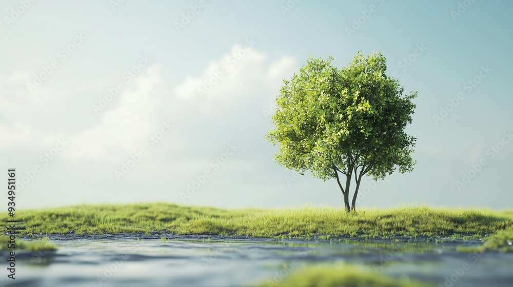A lone tree rises on a vibrant green patch of grass, gently reflecting in the serene water as fluffy clouds drift across the bright blue sky, copy space, environment concept A lone tree rises on a vibrant green patch of grass, gently reflecting in the serene water as fluffy clouds drift across the bright blue sky, copy space, environment concept