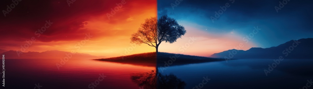 Obraz premium Day and Night Contrast in Split-Screen Landscape | Sunlight vs Moonlight Scenery Comparison