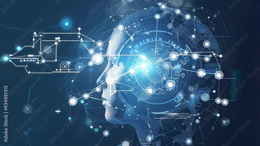 A futuristic representation of artificial intelligence, showcasing a digital head with interconnected nodes and glowing elements.