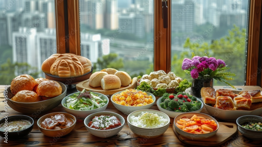 A colorful spread of traditional dishes with fresh ingredients displayed on a wooden table with a city view A colorful spread of traditional dishes with fresh ingredients displayed on a wooden table with a city view