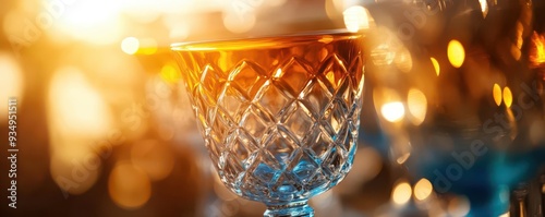 Elegant crystal glass filled with a beverage, illuminated by a warm sunset glow, reflecting a luxurious and sophisticated atmosphere.