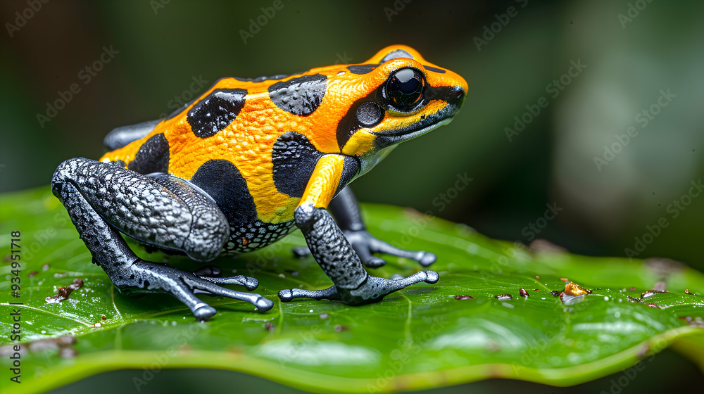 Obraz premium Amazon Yellow-banded Poison Dart Frog sitting on a bright green leaf, its vibrant yellow and black colors standing out