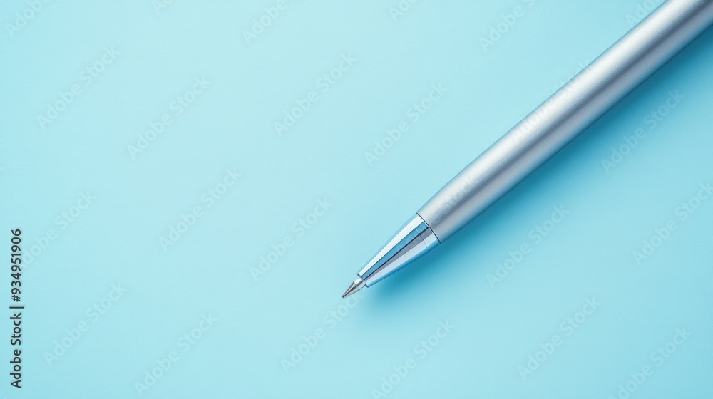 A Close-up of a Silver Pen on a Light Blue Background A Close-up of a Silver Pen on a Light Blue Background
