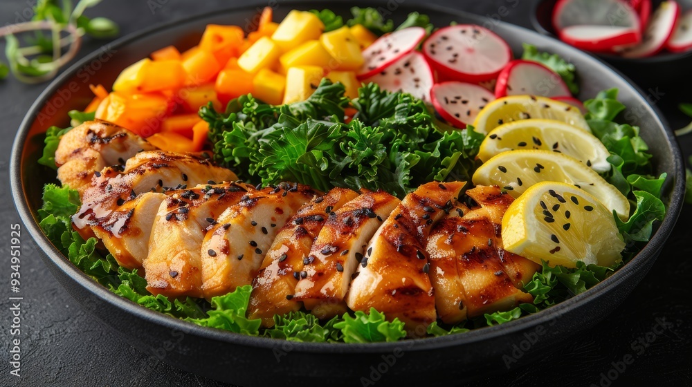 Grilled chicken salad with colorful vegetables and citrus garnishes on a black plate Grilled chicken salad with colorful vegetables and citrus garnishes on a black plate