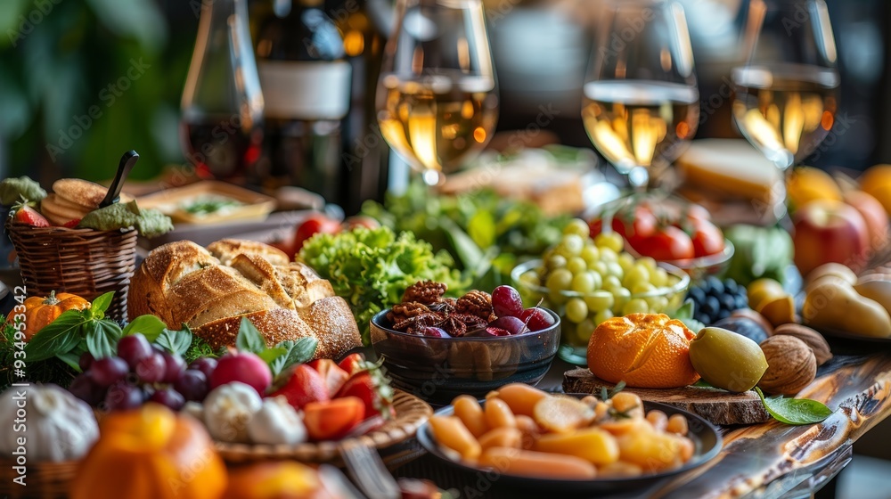 A vibrant autumn harvest gathering featuring fresh fruits, vegetables, and fine wines on a rustic wooden table A vibrant autumn harvest gathering featuring fresh fruits, vegetables, and fine wines on a rustic wooden table