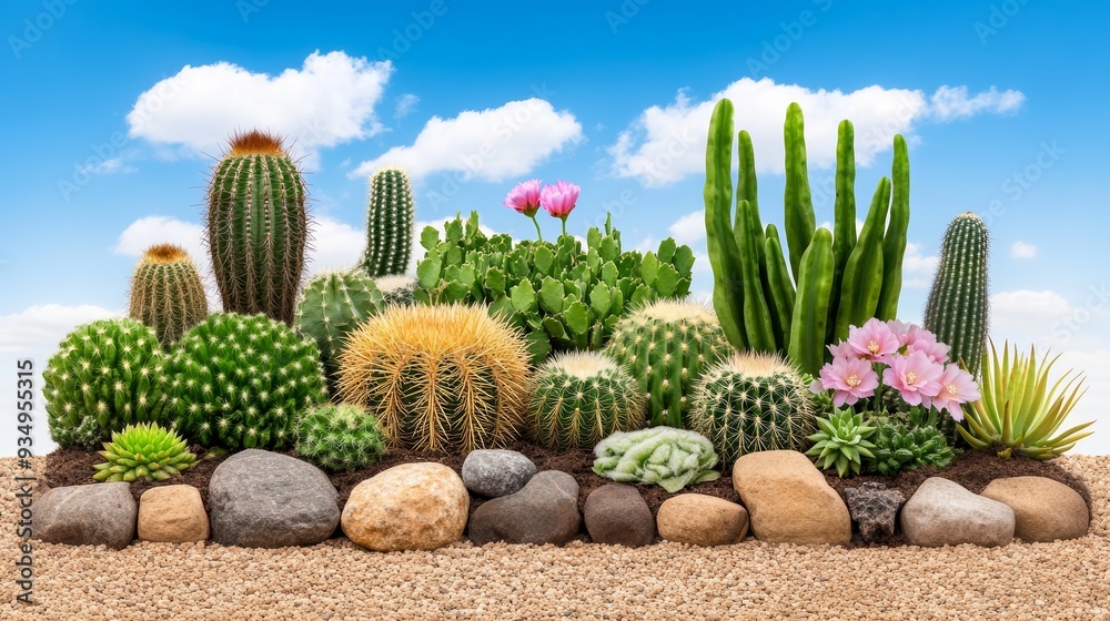Vibrant desert cactus garden with various species, blooming flowers, and rocks under a clear blue sky. Ideal for nature and gardening themes.