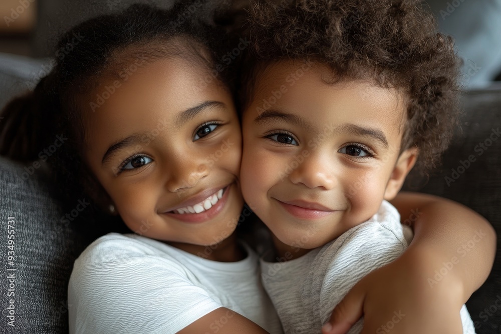 Cute happy african american siblings hugging, Generative AI Cute happy african american siblings hugging, Generative AI