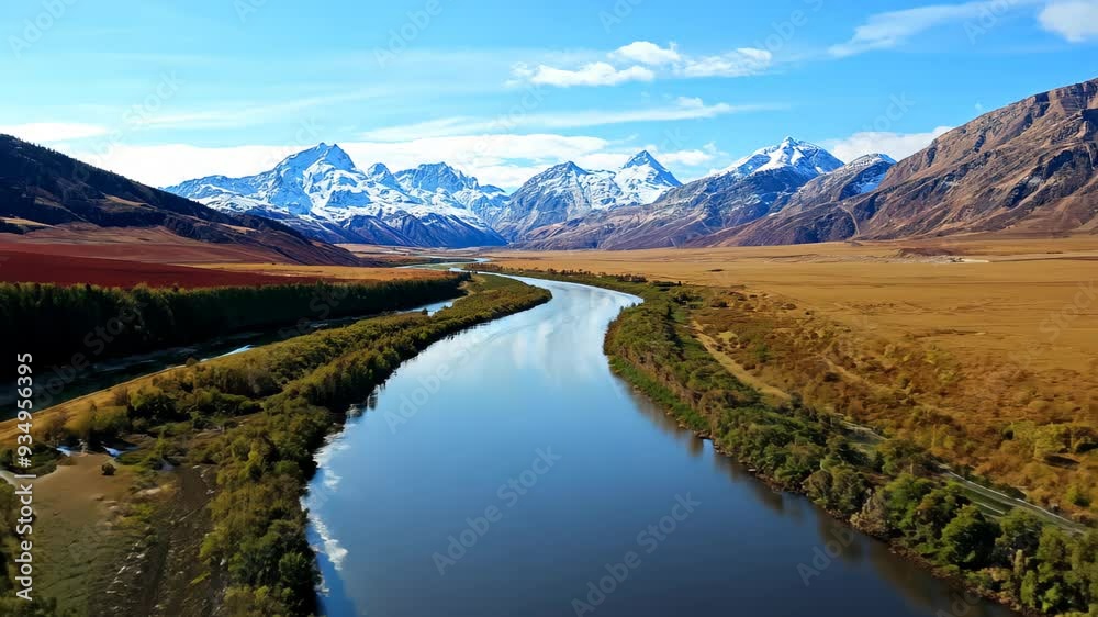 A serene river flows gently through a vast field, framed by majestic mountains in the distance, creating a picturesque landscape that invites tranquility and reflection. A serene river flows gently through a vast field, framed by majestic mountains in the distance, creating a picturesque landscape that invites tranquility and reflection.
