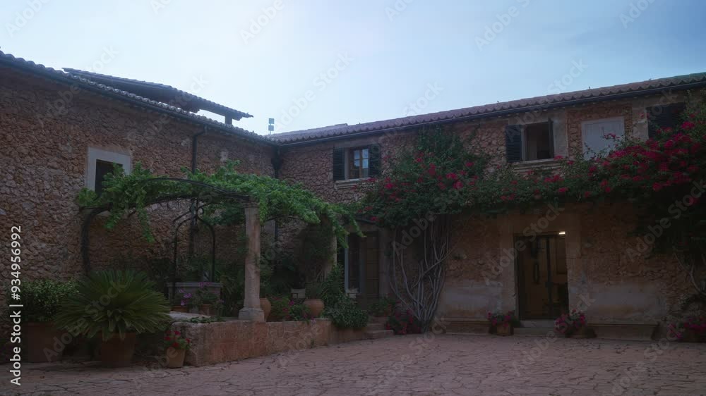 Courtyard of an old stone house adorned with lush green vines and vibrant flowers under a clear sky in a mediterranean setting Courtyard of an old stone house adorned with lush green vines and vibrant flowers under a clear sky in a mediterranean setting