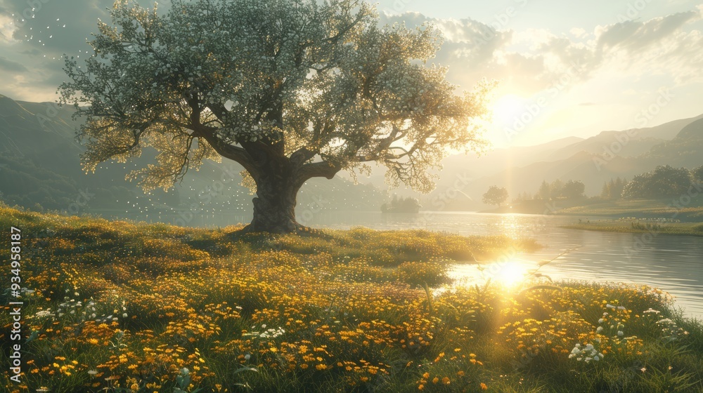 A tranquil sunset over a flowering meadow beside a calm lake surrounded by mountains A tranquil sunset over a flowering meadow beside a calm lake surrounded by mountains