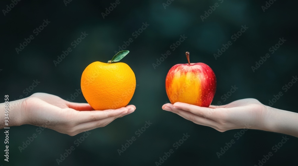 Contrasting Choices - Hand Holding Apple and Orange Symbolizing Different Options and Preferences Contrasting Choices - Hand Holding Apple and Orange Symbolizing Different Options and Preferences