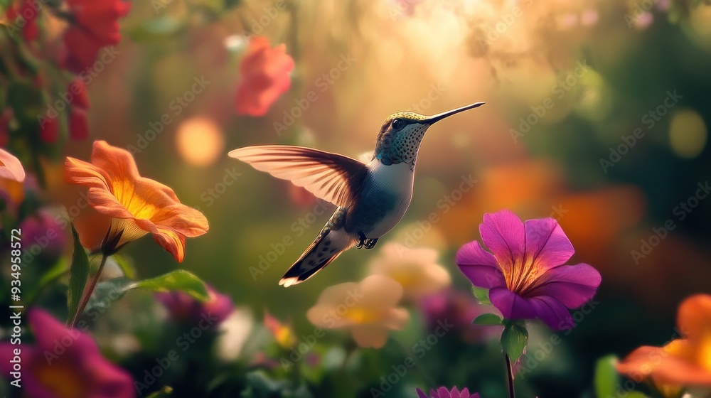 Fototapeta premium Hummingbird in Flight Amongst Flowers