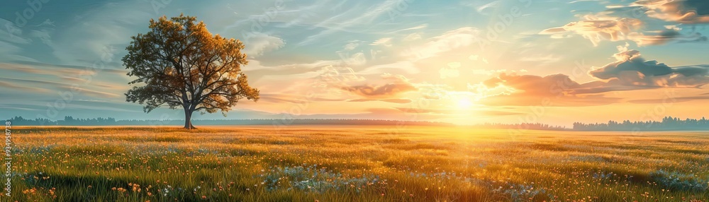 Calm lush meadow horizon at sunset, warm light and tranquil atmosphere Calm lush meadow horizon at sunset, warm light and tranquil atmosphere