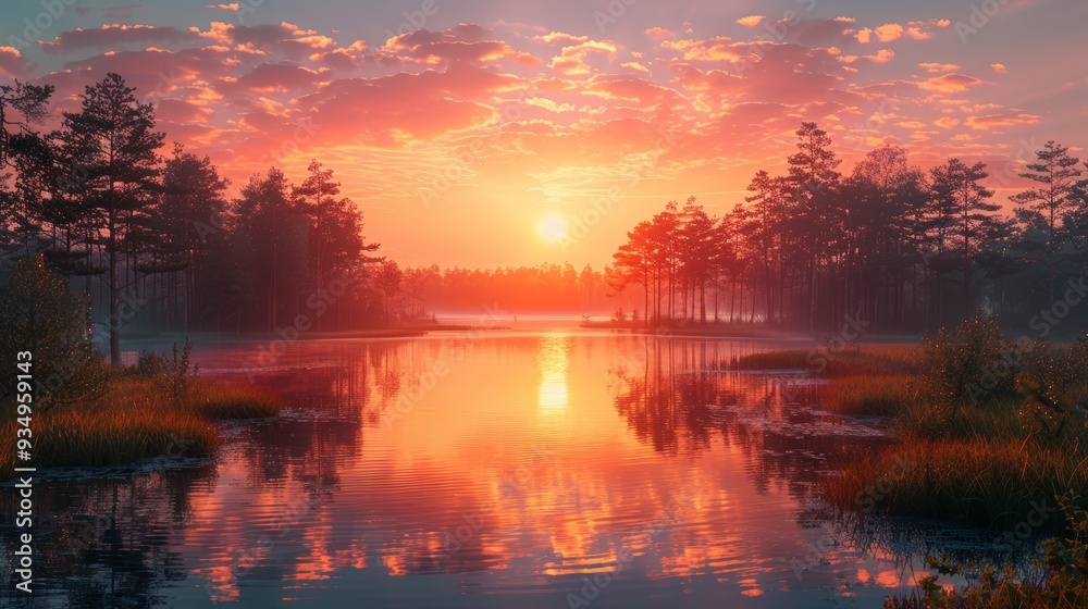 Sunset reflecting on a tranquil lake surrounded by trees in a serene landscape Sunset reflecting on a tranquil lake surrounded by trees in a serene landscape