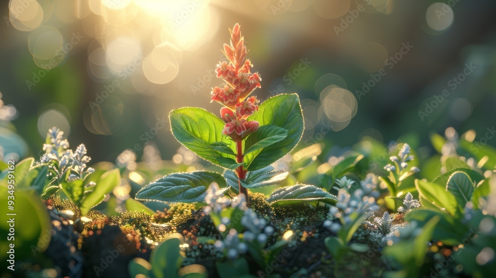 A vibrant flowering plant stands out among lush greens illuminated by soft sunlight in a serene forest setting A vibrant flowering plant stands out among lush greens illuminated by soft sunlight in a serene forest setting