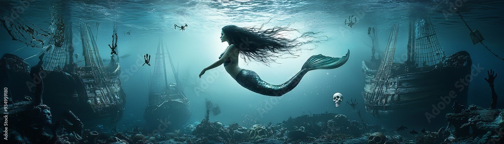 Naklejka premium A hauntingly beautiful mermaid with flowing black hair swims past sunken pirate ships, adorned with Halloween decorations like skeletons and cobwebs. The scene is composed with significant copy space.