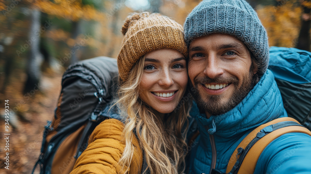 Adventurous Couple Taking a Selfie While Hiking in Autumn Forest, Romantic Togetherness, Nature Exploration, and Wanderlust Concept Adventurous Couple Taking a Selfie While Hiking in Autumn Forest, Romantic Togetherness, Nature Exploration, and Wanderlust Concept