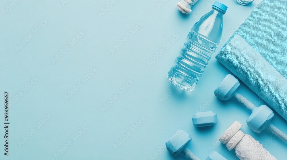Blue Fitness Essentials on a Light Blue Background Blue Fitness Essentials on a Light Blue Background