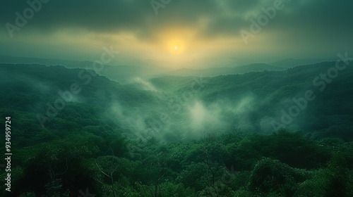 Foggy sunrise over a lush valley with rolling hills and mist in early morning light