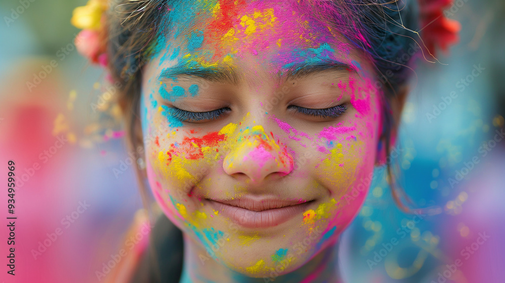 A girl with her eyes closed is beaming as she enjoys the vibrant festival of Holi, with her face covered in cheerful colors that reflect happiness and joy A girl with her eyes closed is beaming as she enjoys the vibrant festival of Holi, with her face covered in cheerful colors that reflect happiness and joy