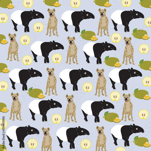 hyena, tapir with fruit as a pattern background