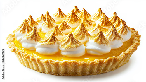 Close-Up of Lemon Meringue Pie with Golden Crust and Zesty Lemon Filling on White Background - Perfect Dessert Image for Food Lovers and Bakers photo