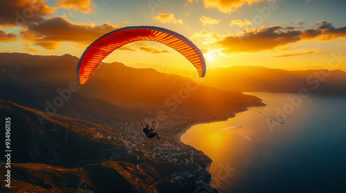 Daring Paraglider Performing Acrobatic Maneuvers at Sunset Over Coastal Landscape, Spirals and Loops Highlighting Extreme Sport Skills and Thrill