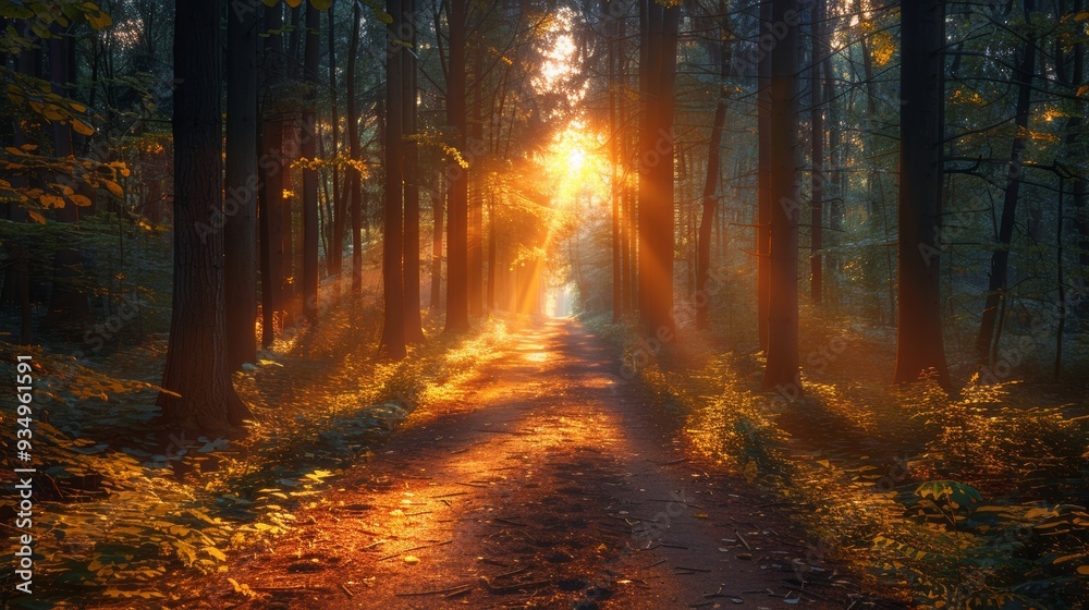 Fototapeta premium Sunlight filters through trees on a tranquil forest path during golden hour