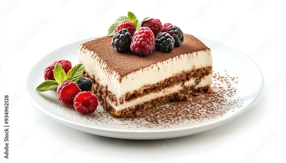 A square slice of tiramisu topped with raspberries and blackberries on a white plate with a dusting of cocoa powder. A square slice of tiramisu topped with raspberries and blackberries on a white plate with a dusting of cocoa powder.