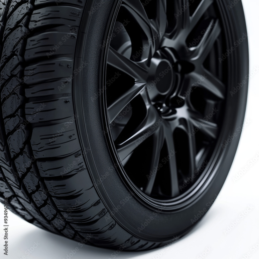 Fototapeta premium A black tire with a black rim. The tire is on a white background
