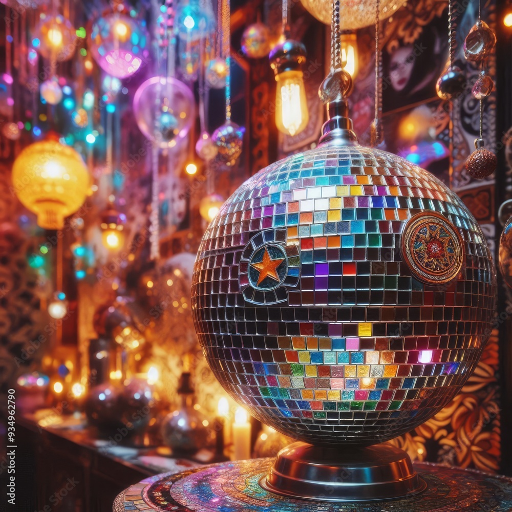 Fototapeta premium Colorful disco mirror ball nightclub sphere light. 
