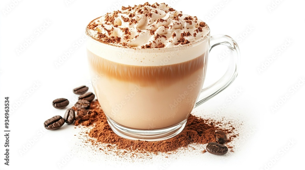 Creamy Coffee Indulgence: A glass mug brims with a decadent latte, topped with whipped cream and chocolate shavings, enticing coffee lovers with its aroma and flavor.