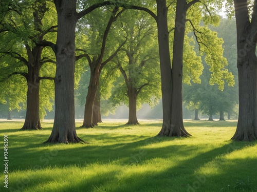 A peaceful scene, green meadow surrounded by tall, ancient trees. The soft sunlight filters through the leaves, casting gentle shadows across the grass