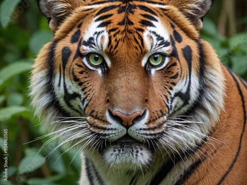 A realistic, close-up shot of a tiger’s face, focusing on its intense