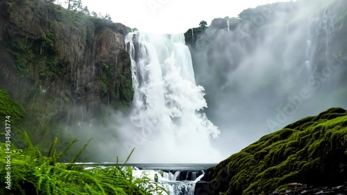 A magnificent waterfall cascades dramatically through a vibrant, lush green forest, surrounded by towering trees and diverse plant life, creating a serene and breathtaking natural