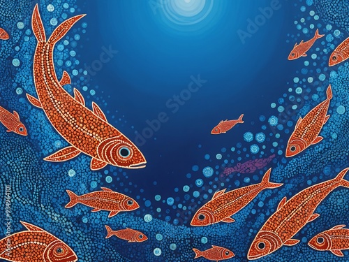 A vibrant illustration of Australian Aboriginal dot painting art dreaming of fish in the blue ocean