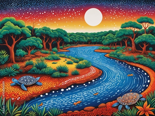 A vibrant illustration of Australian Aboriginal dot painting style art landscape with a river and turtle