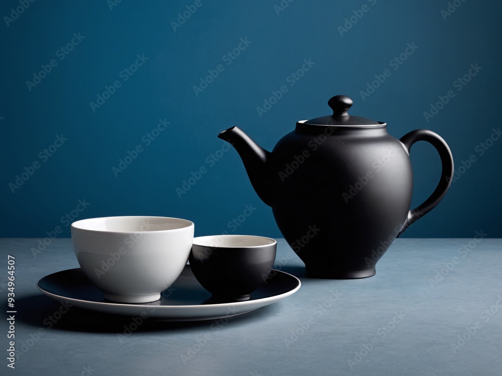 Elegant black and white ceramics on a table against a dark background Elegant black and white ceramics on a table against a dark background