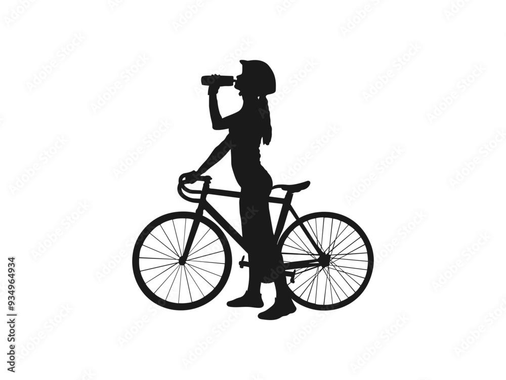 Obraz premium Silhouette of a cyclist female vector illustration. Mountain bike racing, female riding mountain bike vector. female bicyclist riding a bicycle vector silhouette isolated on white background. 