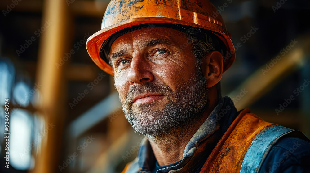 Determined Male Builder in Protective Gear and Reflective Vest on Construction Site with Intense Focus, Inspirational Dedication and Skilled Workforce Portrait Determined Male Builder in Protective Gear and Reflective Vest on Construction Site with Intense Focus, Inspirational Dedication and Skilled Workforce Portrait