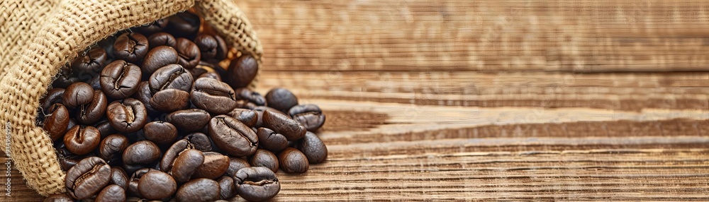 Naklejka premium Organic coffee beans in a burlap sack on a wooden table, emphasizing natural and earthy tones