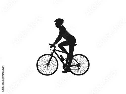 Silhouette of a cyclist female vector illustration. Mountain bike racing, female riding mountain bike vector. female bicyclist riding a bicycle vector silhouette isolated on white background. 