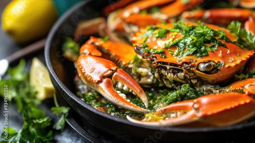 Close-up of a cooked crab in a pan with herbs.